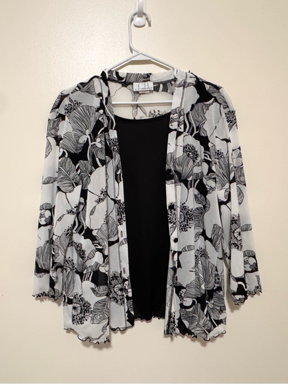 Floral Layered Top Black White Illusion 2-in-1 Blouse